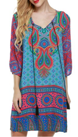 ACEVOG Women's Summer Ethnic Style Tribal Printed Mini Beach Floral Tunic Dress