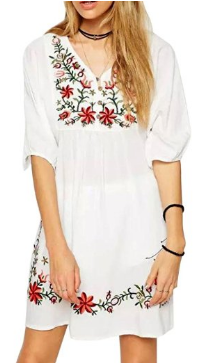 Misaky Mexican Ethnic Embroidered Pessant Hippie Blouse Gypsy Boho Mini Dress